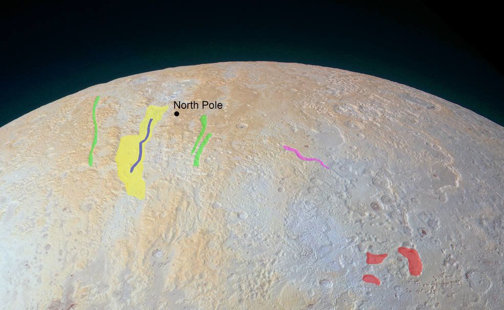 An annotated version of the image points out special features in Pluto's north pole region.