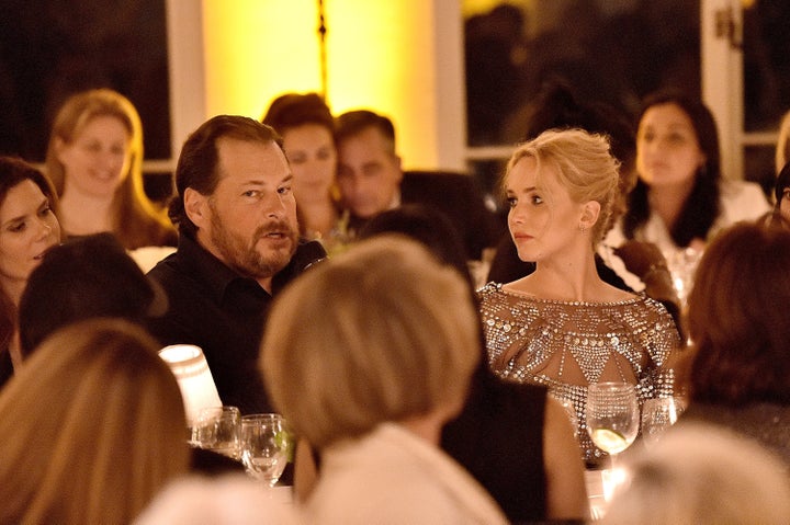 Jennifer Lawrence looks at co-host Marc Benioff during The Dinner for Equality in Beverly Hills on Thursday night.