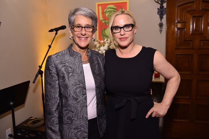 California state Sen. Hannah-Beth Jackson and co-host Patricia Arquette pose at The Dinner for Equality.