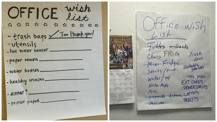 Examples of office wish lists in Hillary Clinton's field office in Overland Park, Kansas (left), and Bernie Sanders' field office in Shawnee, Kansas (right).