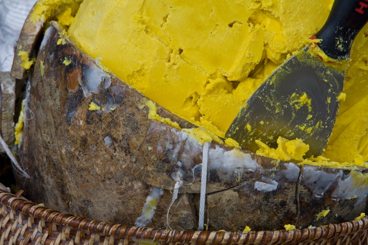 A close-up photo of shea butter at an international market. 