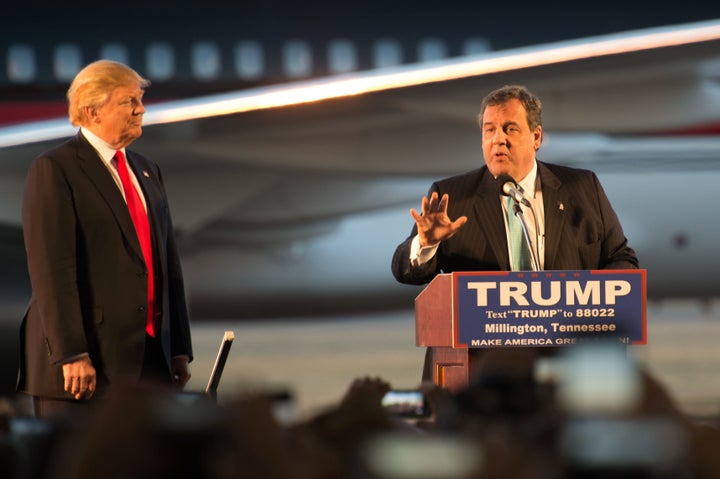 New Jersey Gov. Chris Christie (R) campaigns for Donald Trump during a rally at Millington Regional Jetport on Feb. 27, 2016,