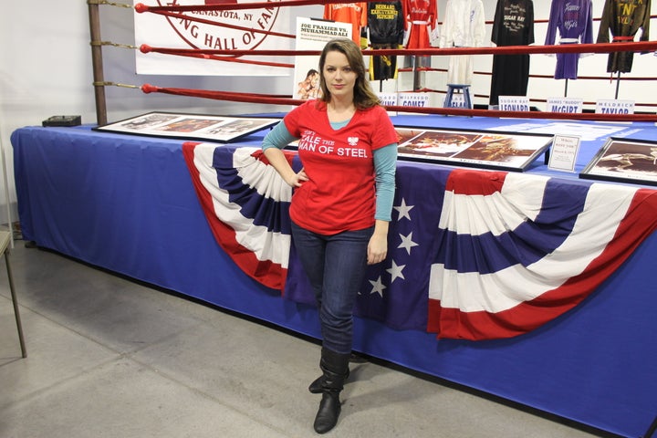 Tony Zale's grandniece Haley Zale in front of the ring where he fought four of his career fights.