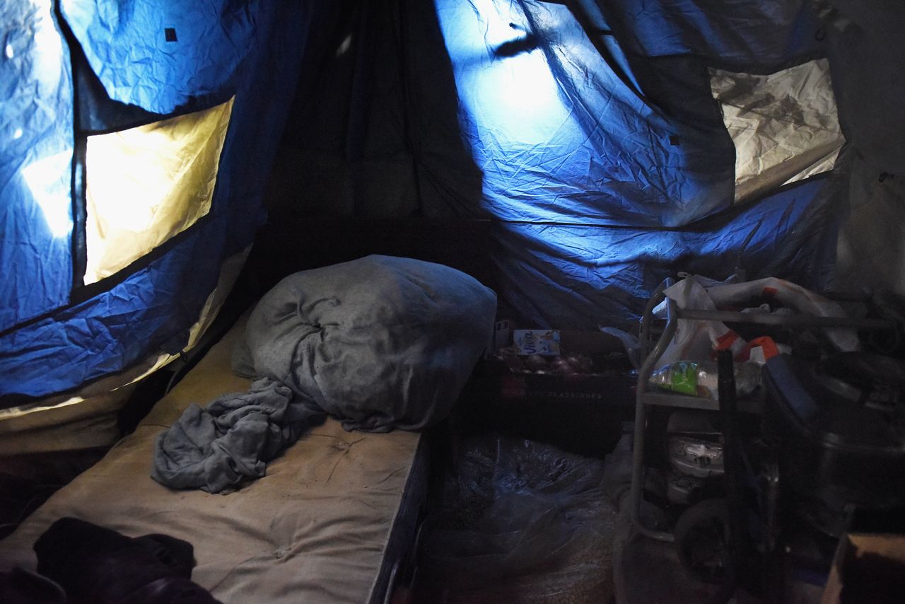 Photojournalist Mary Turner took photos inside the homes of people living in the "Jungle," a makeshift refugee camp in Calais, France. This is the home of Naiyyir, who had lived in Calais for five months. Naiyyir had been a volunteer in Sudan until the government arrested her.