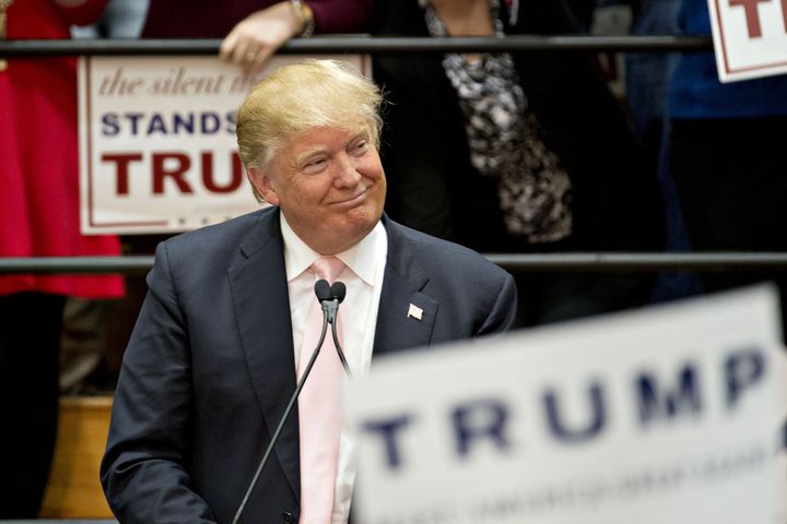 Republican front-runner and real estate mogul Donald Trump campaigns in Radford, Virginia.