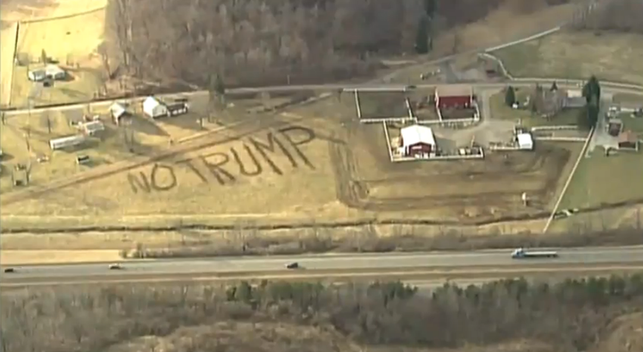 An aerial photo of Jerry and Judy Slankard's farm, featuring Jerry's message about the GOP front-runner.