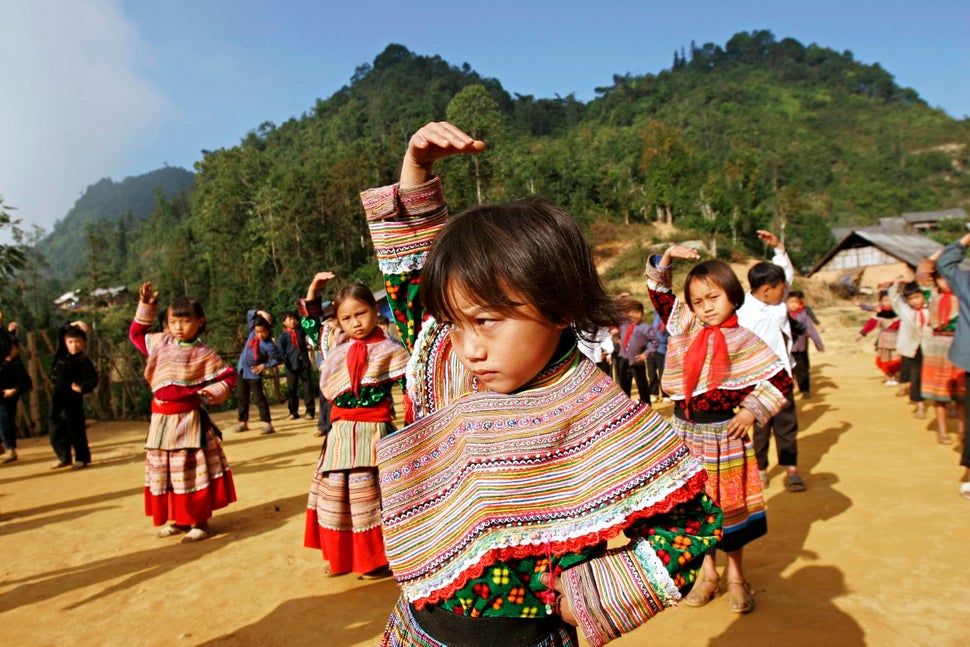 H'mong students exercise at Hoang Thu Pho primary school in Bac Ha, Lao Cai, Vietnam. 