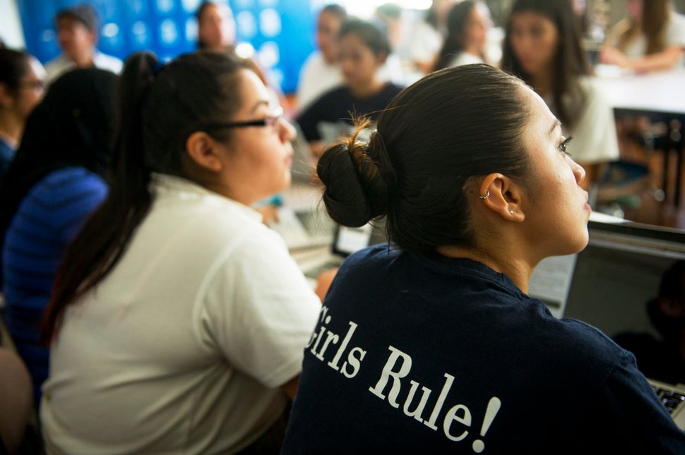 Students listen to instructions during a coding class at The Young Women's Leadership School of Astoria in New York on Septem