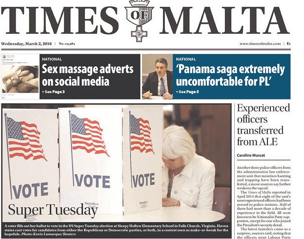 The Times of Malta ran a front-page photo of a voter casting her ballot on Super Tuesday. Many papers focused on Trump's victory and its impact on the GOP.