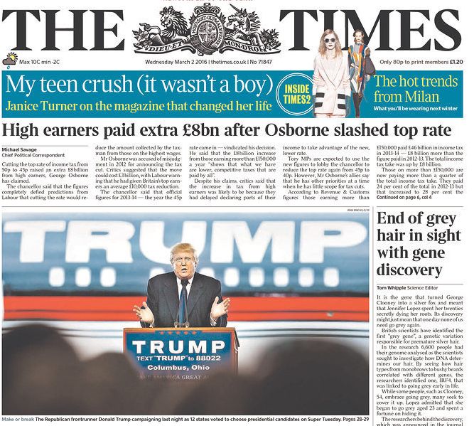 Britain's The Times newspaper also featured Trump on its front page. Newspapers around the world viewed his campaign as posing a major threat to establishment Republicans.