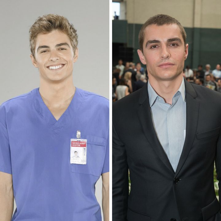 (L) Dave Franco as Cole on "Scrubs," (R) Dave Franco at Paris Fashion Week on June 27, 2015 in Paris, France.