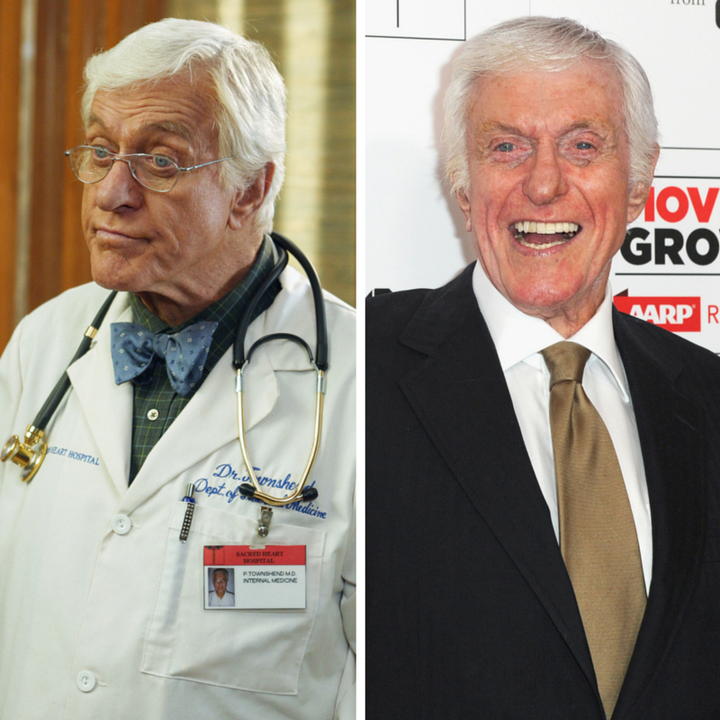 (L) Dick Van Dyke as Dr. Townshend on "Scrubs," (R) Dick Van Dyke attends the 15th annual Movies For Grownups Awards on February 8, 2016 in Beverly Hills, California.