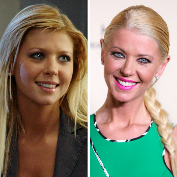 (L) Tara Reid ("Danni") in a scene on "Scrubs" (R) Tara Reid arrives at the 2015 Entertainment Weekly Pre-Emmy Party Sept. 18, 2015.