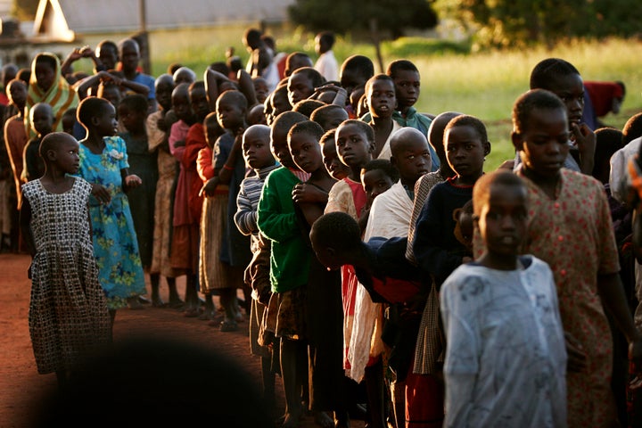 The spike in child abductions this year is particularly troubling. Here, children who are too afraid of bring abducted by the LRA to sleep in their villages line up at a shelter in Gulu, Uganda in 2005.