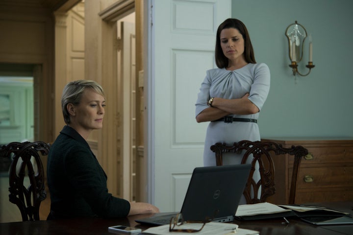 Neve Campbell as Leann Harvey, right, alongside Robin Wright as Claire Underwood.