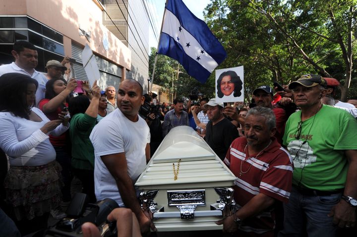 Relatives and friends carry the coffin of murdered indigenous activist Berta Caceres during her funeral in La Esperanza on Thursday.
