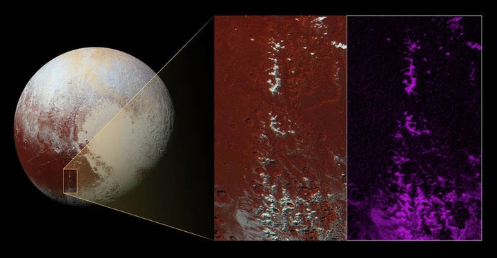 This color-enhanced image highlights the region where scientists say they found snow on Pluto.