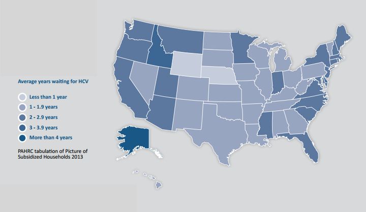 The map shows the number of years families wait for housing vouchers by state. See the breakdown by county here. 