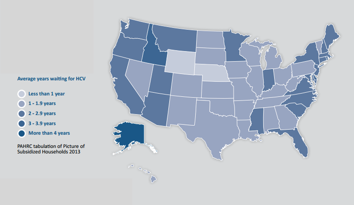 The map shows the number of years families wait for housing vouchers by state. See the <a href="http://haigroup.maps.arcgis.com/apps/MapSeries/index.html?appid=cbe6fa305c6f45cb940a226836aa5c9d" target="_blank" role="link" class=" js-entry-link cet-external-link" data-vars-item-name="breakdown by county here" data-vars-item-type="text" data-vars-unit-name="56d9c5b5e4b0ffe6f8e9321f" data-vars-unit-type="buzz_body" data-vars-target-content-id="http://haigroup.maps.arcgis.com/apps/MapSeries/index.html?appid=cbe6fa305c6f45cb940a226836aa5c9d" data-vars-target-content-type="url" data-vars-type="web_external_link" data-vars-subunit-name="article_body" data-vars-subunit-type="component" data-vars-position-in-subunit="3">breakdown by county here</a>.
