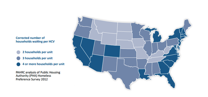 The map shows how many families are waiting for housing vouchers compared to the number available by state. See the breakdown by county here. 