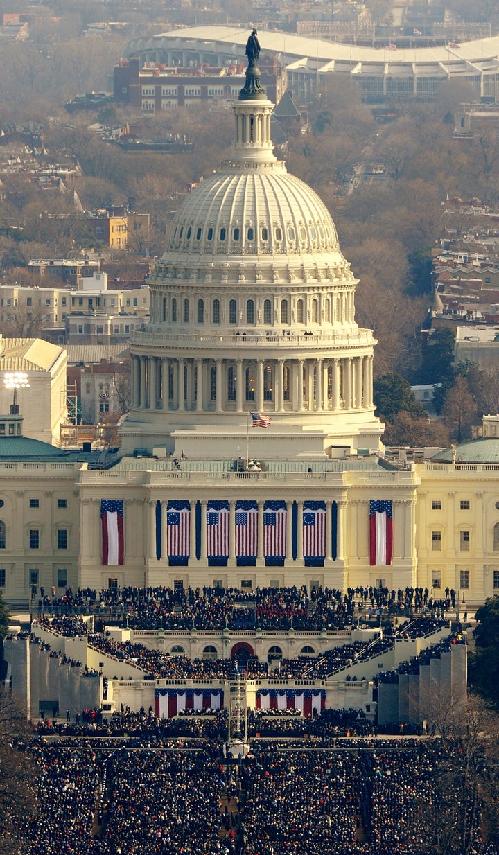 Crowds look towards the Capitol during the inauguration of Barack Obama as the 44th president of the United States on the National Mall on Jan. 20, 2009, in Washington, D.C.