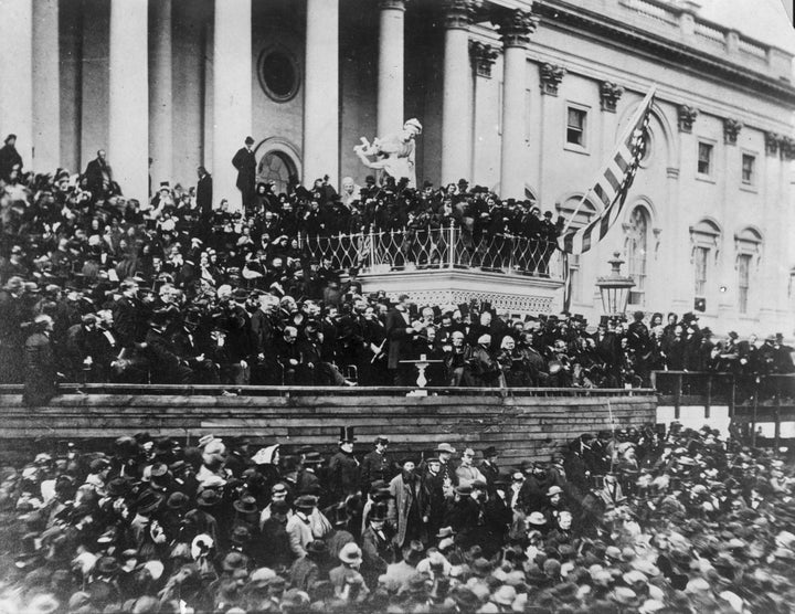 President Abraham Lincoln makes his inaugural speech during his second inauguration.