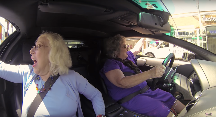 There was hardly a quiet moment as Peggy and Audrey cruised up and down Venice Boulevard, waving at pedestrians as they went.