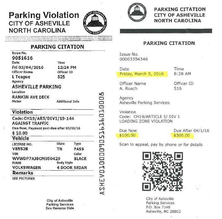 Officials in Asheville, North Carolina, have released images of an actual parking ticket, left, and a fake, Rickrolling one, right.