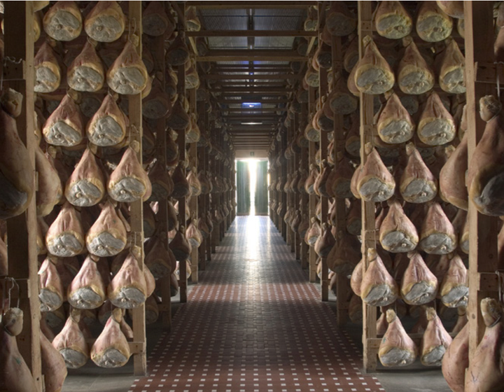 Prosciutto curing in Parma.