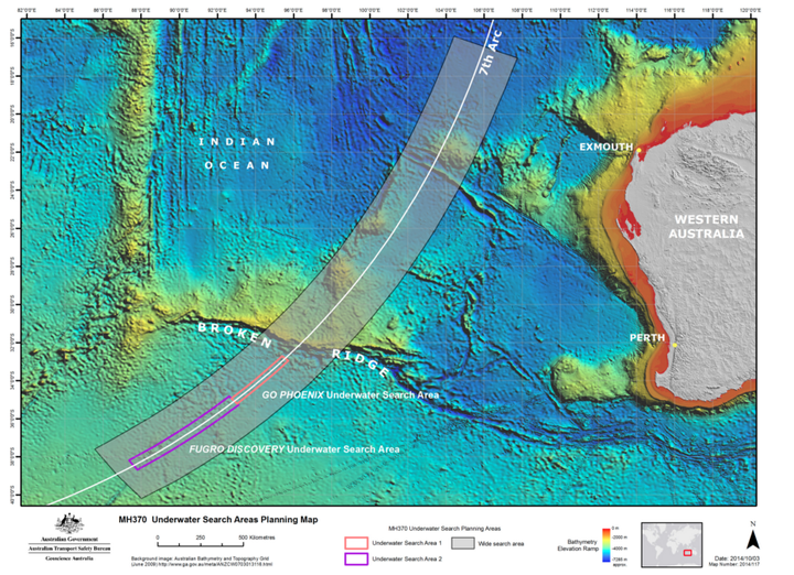 An international team has scoured the sea bed covering some two-thirds of the search zone, shown in a 2014 map from the Australian agency leading the effort.