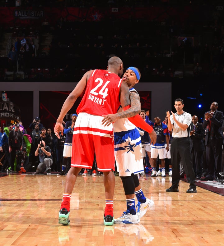 Thomas shares a moment with Kobe Bryant, whom he has long idolized, during the 2016 NBA All-Star Game.