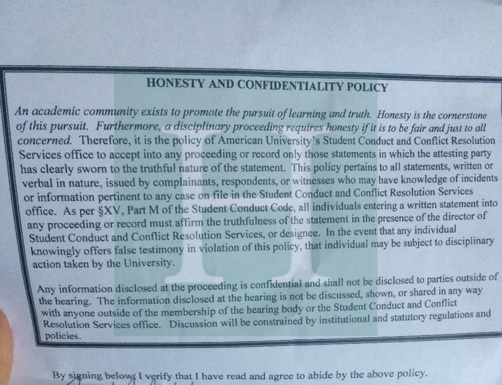 Faith Ferber had to sign this confidentiality agreement before participating in the hearing for her sexual assault case. The Education Department says schools are not supposed to require gag orders in these types of cases.