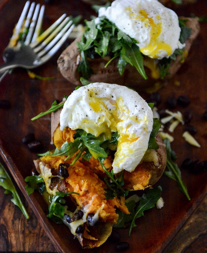 Black Bean, Arugula + Poached Egg Stuffed Sweet Potatoes