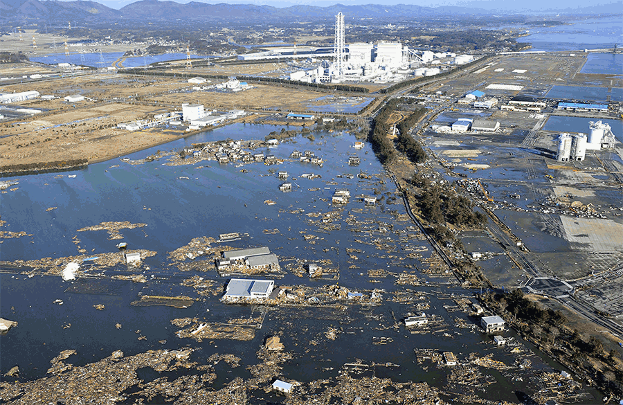 The tsunami-devastated Shinchi town in Fukushima prefecture on March 12, 2011 and March 2, 2016.