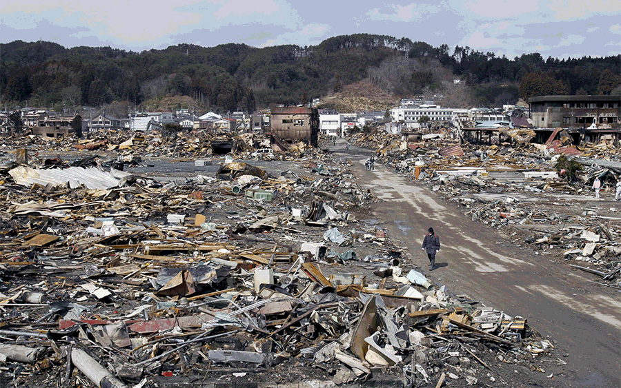 Yamada town in Iwate prefecture on March 17, 2011 and February 3, 2016.