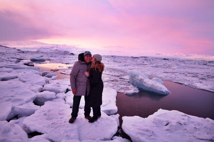 Jennifer Hallinan and her fiancé Hector DeLeon at Jökulsárlón Lagoon in Iceland. 