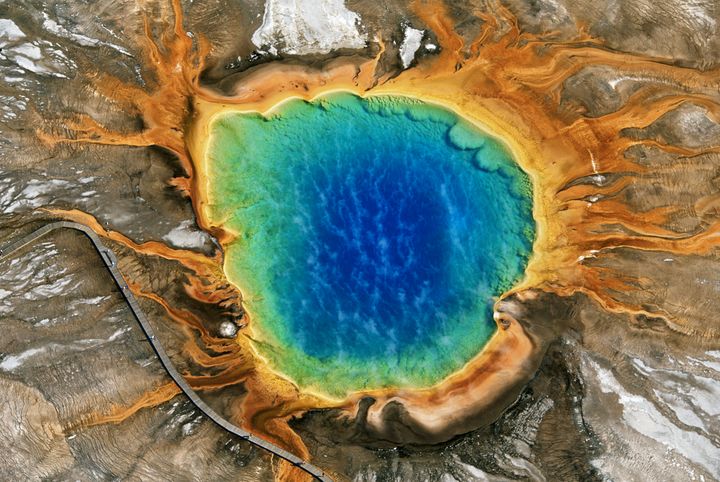 Grand Prismatic Spring, among the largest hot springs in the world, is a main attraction at Yellowstone National Park. 