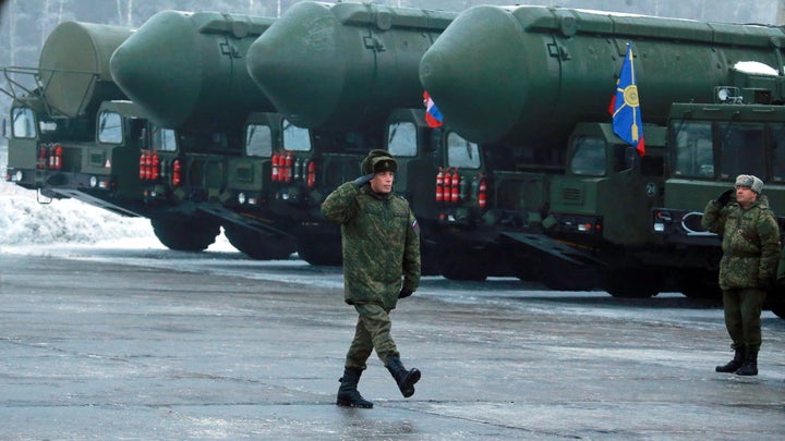 Russia sometimes refers to its military armaments as flowers, and to the Russian army as a "garden." In this Feb. 25 photo, intercontinental ballistic missiles are prepared for a military parade in Russia.