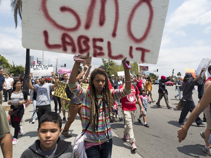 Activists protest against GMOs in a May 2015 march in Los Angeles.