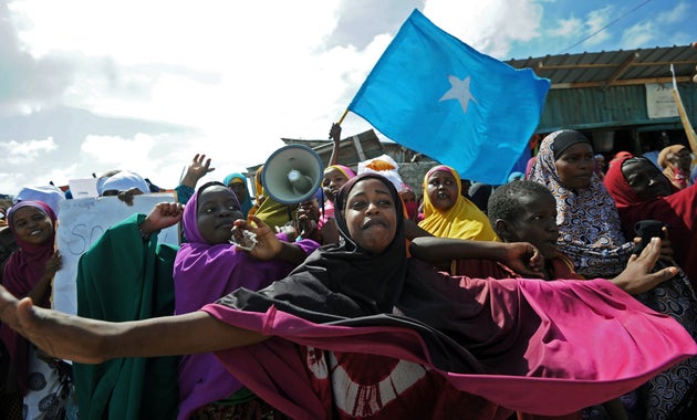 Demonstrators protest&nbsp;against al Shabab insurgents&nbsp;in Mogadishu, Somalia, on Jan. 28, 2016....