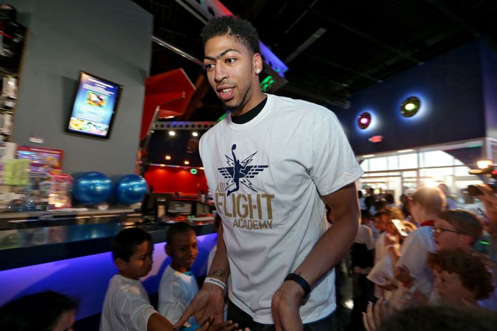 Anthony Davis #23 of the New Orleans Pelicans plays video games and laser tag on February 29, 2016 with children in the AD FLIGHT Academy and the YMCA in New Orleans, Louisiana.