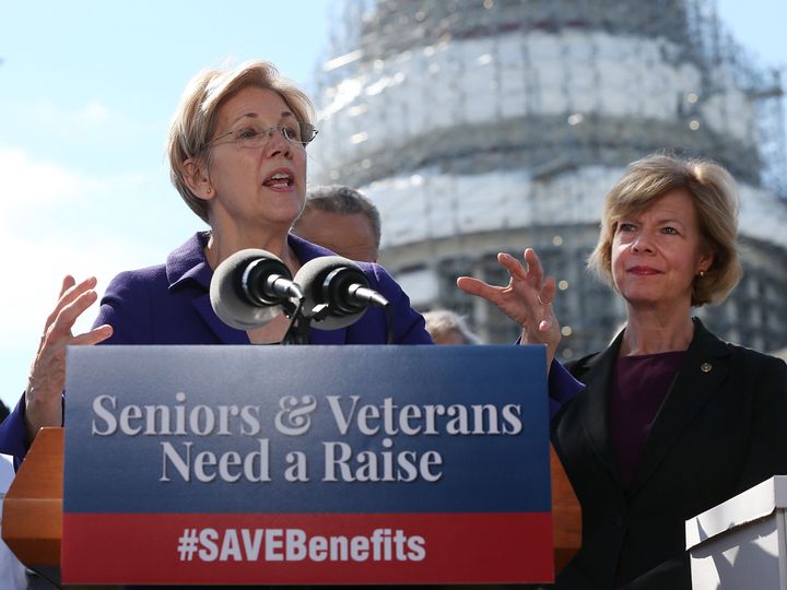 Sen. Elizabeth Warren (D-Mass.) speaks about her bill to give seniors and veterans a one-time payment. Sen. Tammy Baldwin (D-Wis.), to Warren's right, is a co-sponsor.