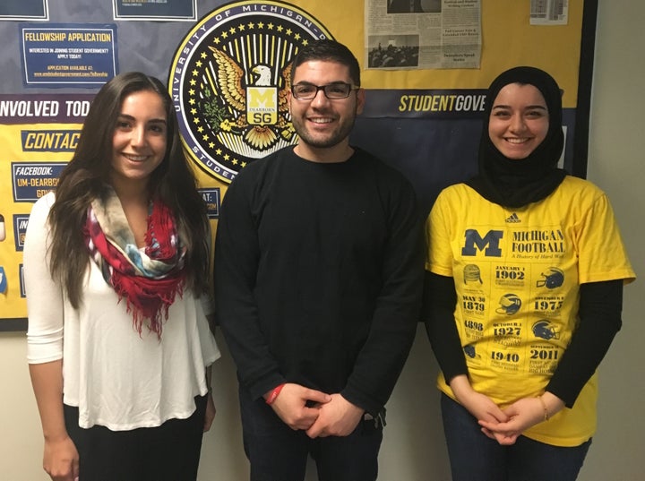 Yasmeen Kadouh, Nasri Sobh and Sara Alqaragholy in Dearborn, Michigan, on March 9, 2016. The three college students are Muslim and voted for Sen. Bernie Sanders (I-Vt.) in the Michigan primary.