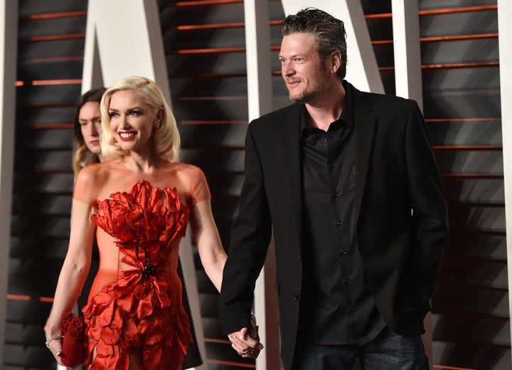 Gwen Stefani and Blake Shelton arrive at the 2016 Vanity Fair Oscar Party in February 2016.