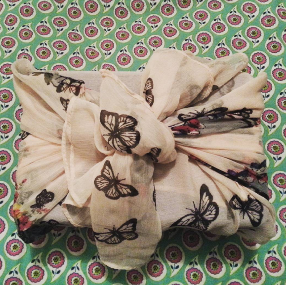 Pummell wraps her presents in scarves instead of paper, a Japanese art called 'furoshiki'