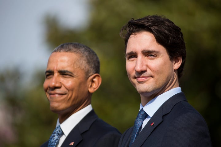President Barack Obama welcomes Canadian Prime Minister Justin Trudeau during an arrival ceremony on the South Lawn of the Wh