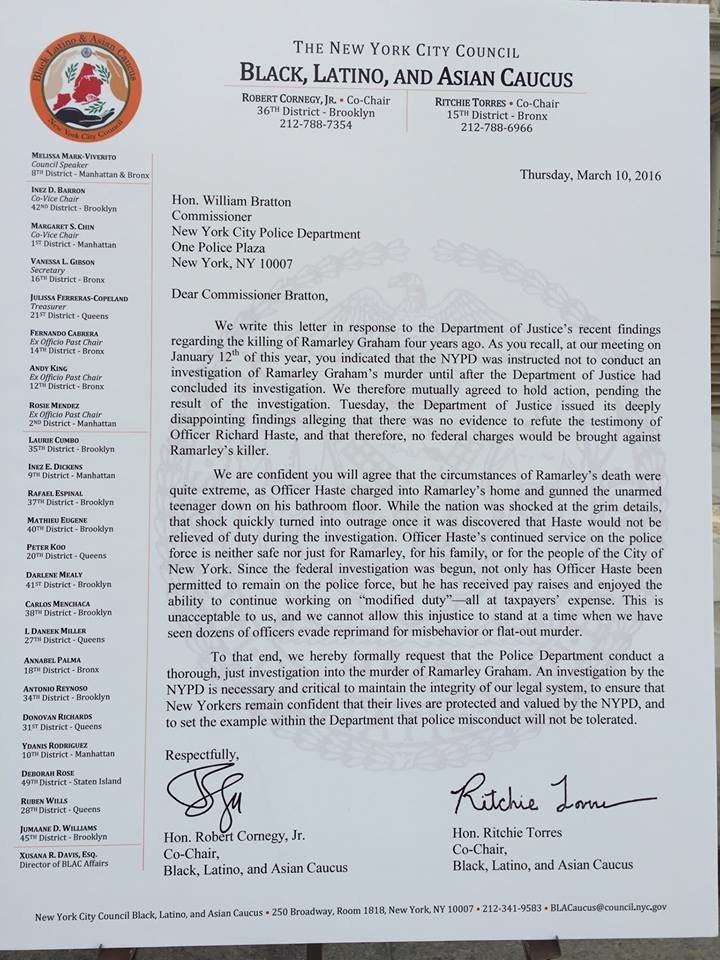 A mockup of the letter sent by 24 City Council members outside City Hall on Thursday.