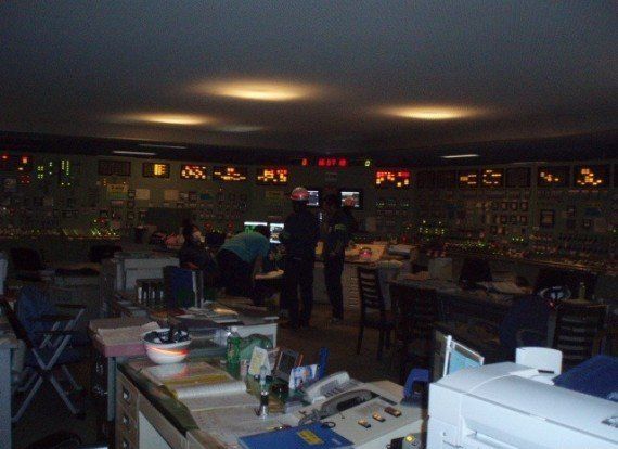 The central control room for reactor five at Fukushima Daiichi Nuclear Power Plant after they lost power from their generator and the electricity went out.