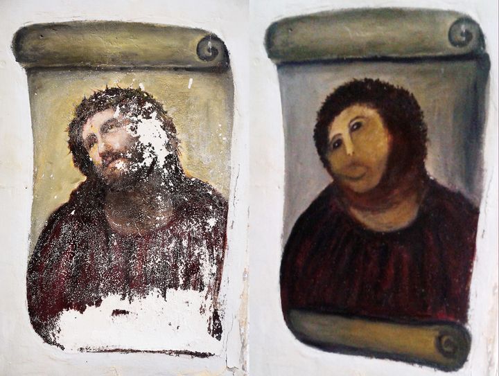 This combination of two undated handout photos made available by the Centro de estudios Borjanos shows the 20th century Ecce Homo-style fresco of Christ before (left) and after (right) an elderly amateur artist Celia Gimenez, 80, took it upon herself to restore it in the church of the northern Spanish agricultural town of Borja.
