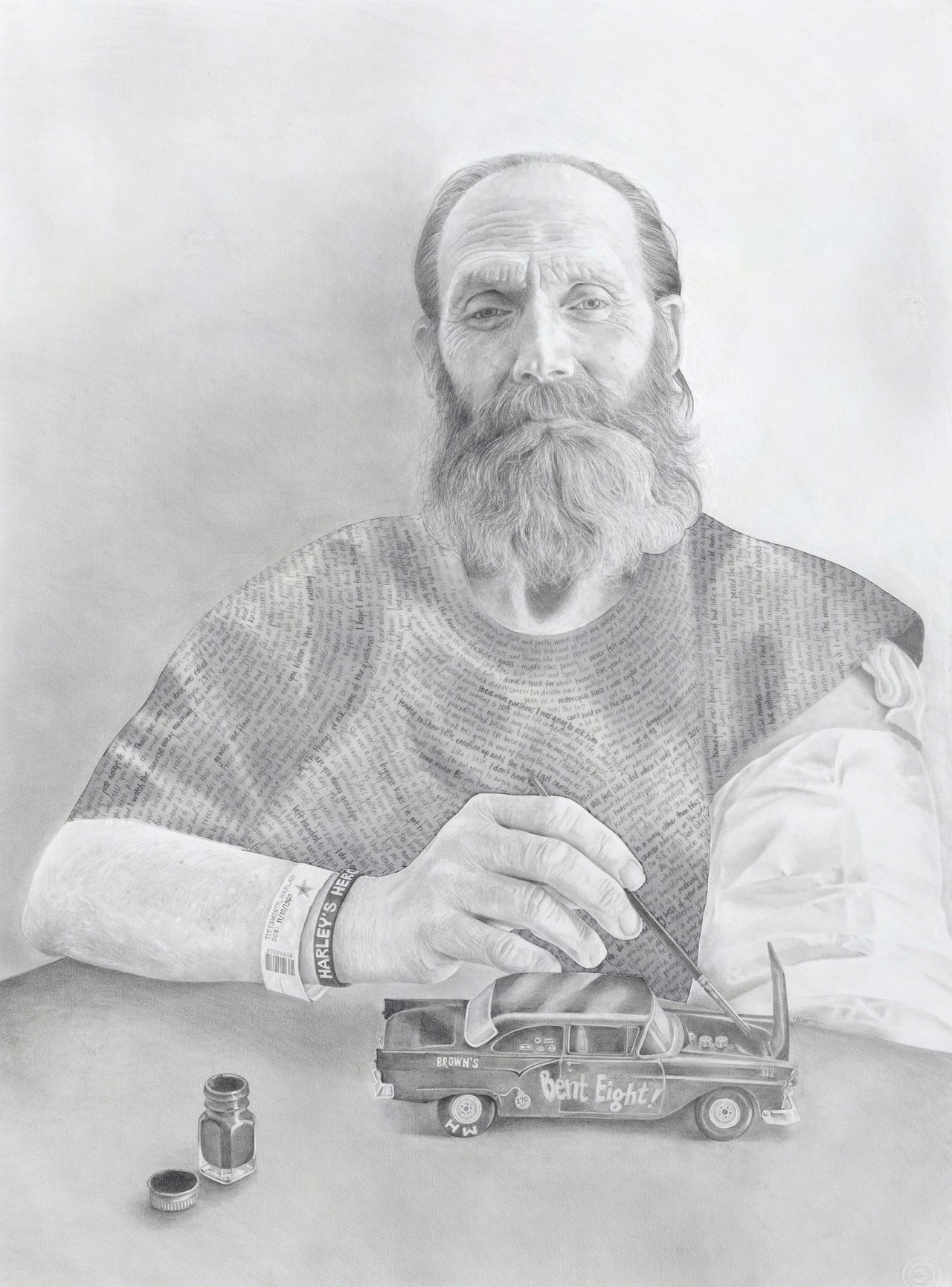 "When I met Harlan, he had been a resident at the VA Medical Center in Livermore for more than three years. Harlan grew up on a farm in Central California where he learned to hot-rod cars and fix up motorcycles. The tumors consuming his left arm were thought to be the consequence of decades of driving a truck in the California sun. No longer able to drive fast cars, Harlan taught himself to build and paint model vehicles with his non-writing hand. As the boundaries of his world closed in on him, Harlan continually found new ways to create meaning in his life. Once a self-proclaimed unemotional man, Harlan opened up his life to me and shared his deepest regrets and fears. Harlan died on November 2, 2014."